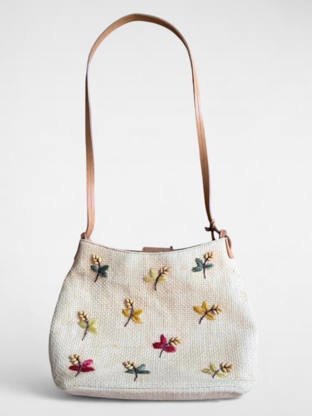 FOSSIL Rafia Woven Straw Cream Shoulder Bag W/ Floral Embroidery